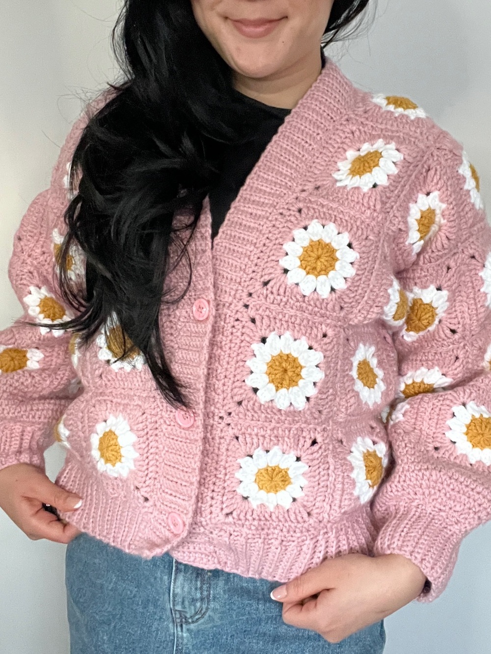 Handmade Crochet Cardigan Pink Daisy Granny square